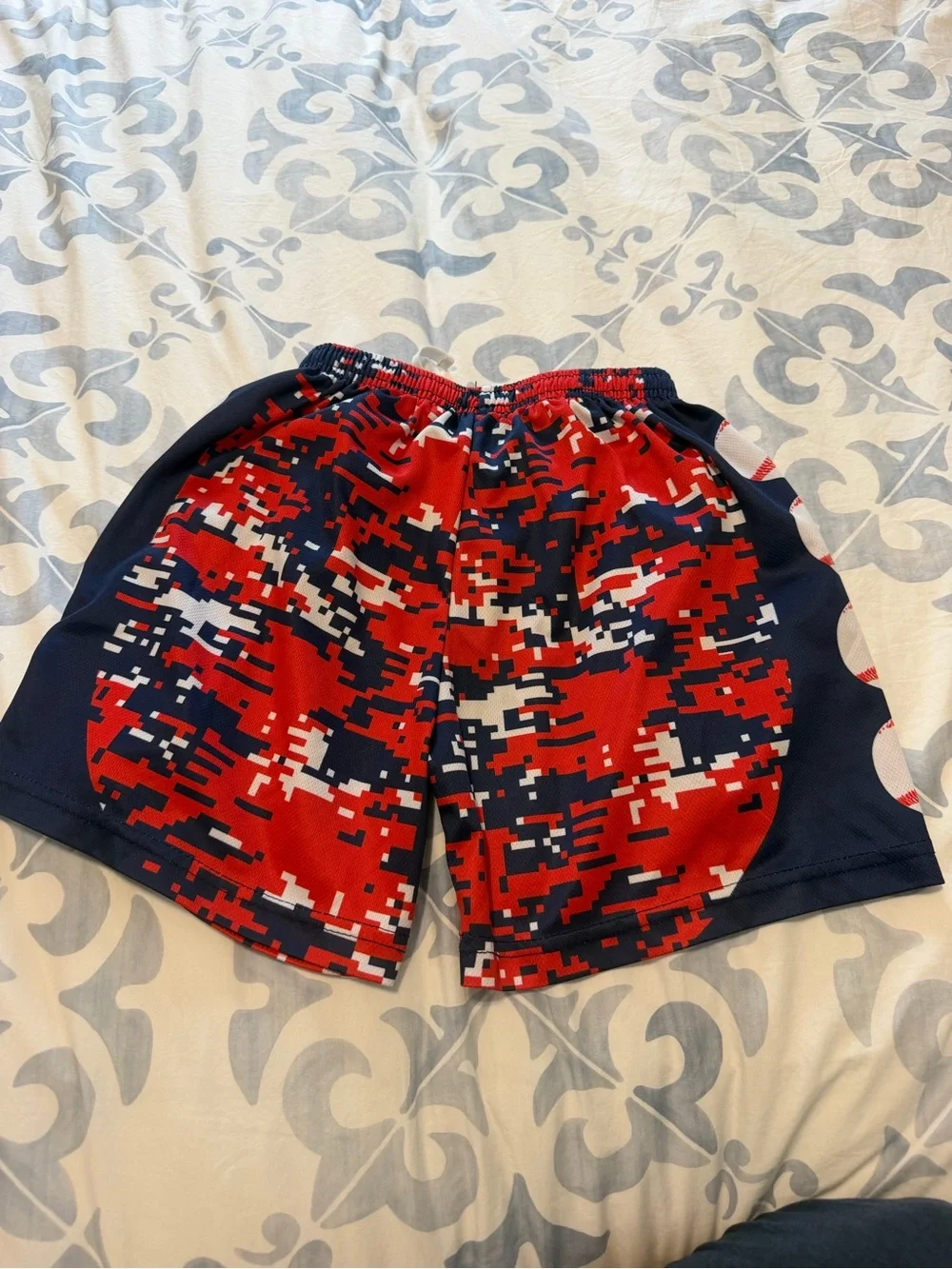 Boys Red Camo Athletic Shorts with Baseball Accent